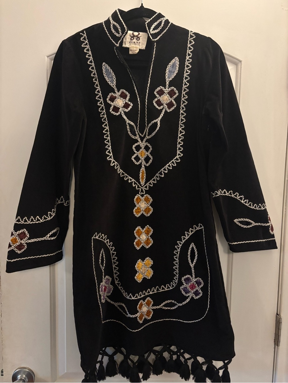 Figue Black Embroidered Tassel Boho Tunic Dress Size S
